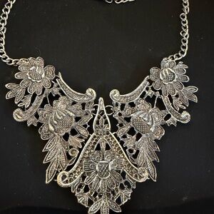 Silver Floral Filigree Statement Necklace